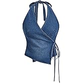 MakeMeChic Women's Halter Denim Top Summer Wrap Asymmetrical Backless Fitted Y2K Crop Tops