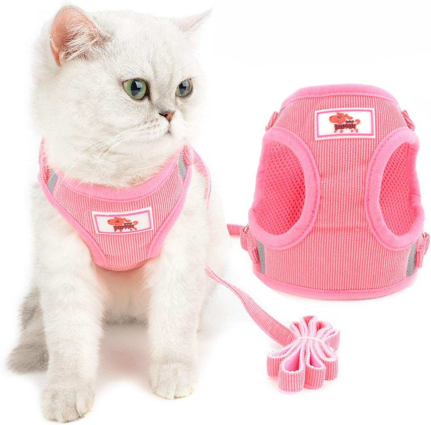 Zunea Pet Dog Cat Harness and Lead Set Escape Proof No Pull Adjustable Reflective Step-in Vest Harnesses for Walking Soft Mesh Padded Corduroy for Cats Kitten Puppy Small Dogs Pink M