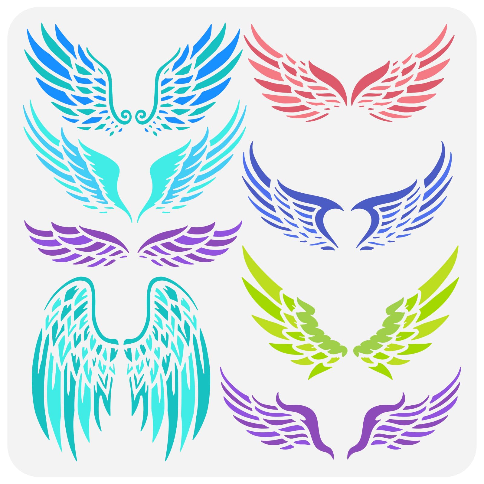 FINGERINSPIRE Angel Wings Stencils 30x30cm - 8 Style Feather Painting Template, Reusable Fantasy Decoration Pattern for Wood, Wall and Furniture