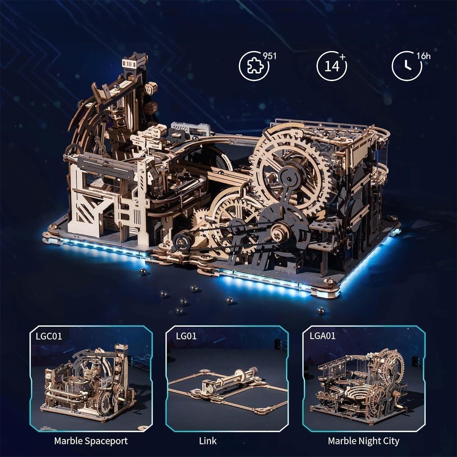 ROKR Kugelbahnen Kombi-Set 3D Puzzle Erwachsene Modellbausätze Geschenkidee für Männer Marble Spaceport & Night City & Link Pack 4