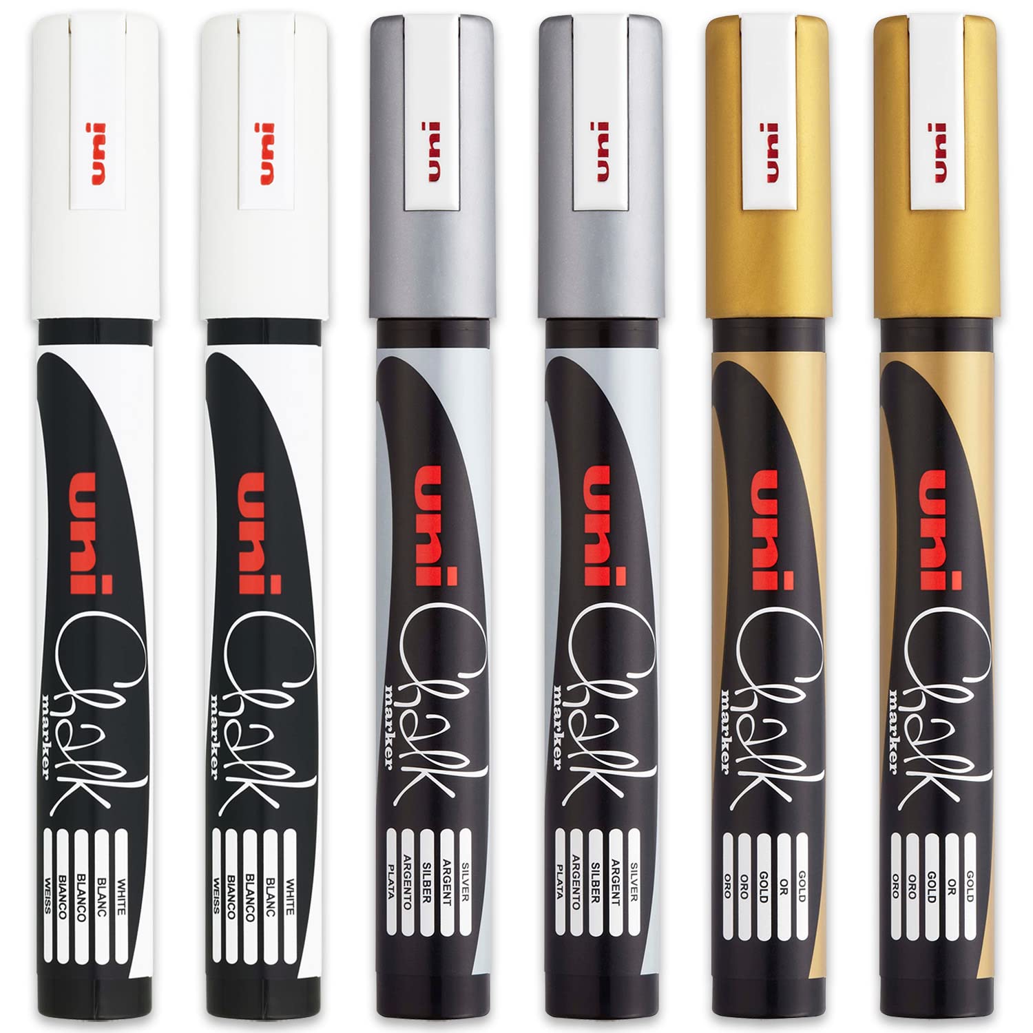 Uni PWE-5M Liquid Chalk Marker Pen - Whiteboard Blackboard Chalkboard - Non Permanent - Gold, Silver & White - Pack of 6