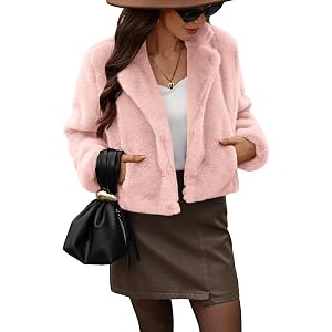 Women's Cropped Lapel Faux Fur Jacket Long Sleeve Y2K Coat Winter 2026