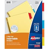 Avery&reg; Paper Dividers, Insertable Big Tab&trade;, 5-Tab, Multicolor, 1 Set | For Organizing Reports and Projects, Reinforced Plastic Tabs, Gold-Reinforced Holes, Printable Inserts, For 3-Ring Binders
