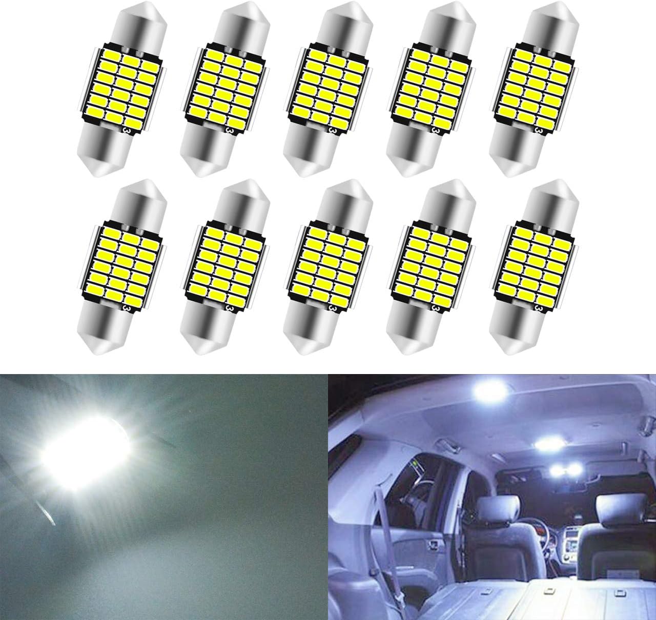 KATUR 31mm Festoon C5W Led Bulbs 6000K White Light Super Bright Chipsets Canbus Error Free for 3175 DE3175 DE3021 3022 3021 Interior Dome License Plate Door Lights (10pcs,White)