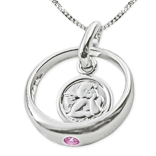 CLEVER SCHMUCK Set Silberner Taufring Ø 12 mm Engel rund mit Zirkonia rosa und Kette Panzer 36 cm glänzend STERLING SILBER 92