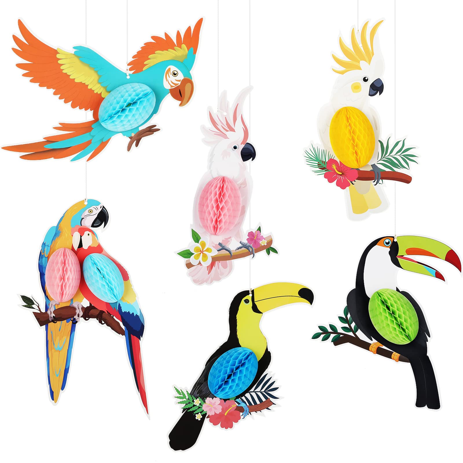 Kesote 7Pcs Tropical Birds Decorations Honeycomb Parrots, Hawaiian Party Decoration, Parrot Cutouts for Luau Party Hanging Decorations