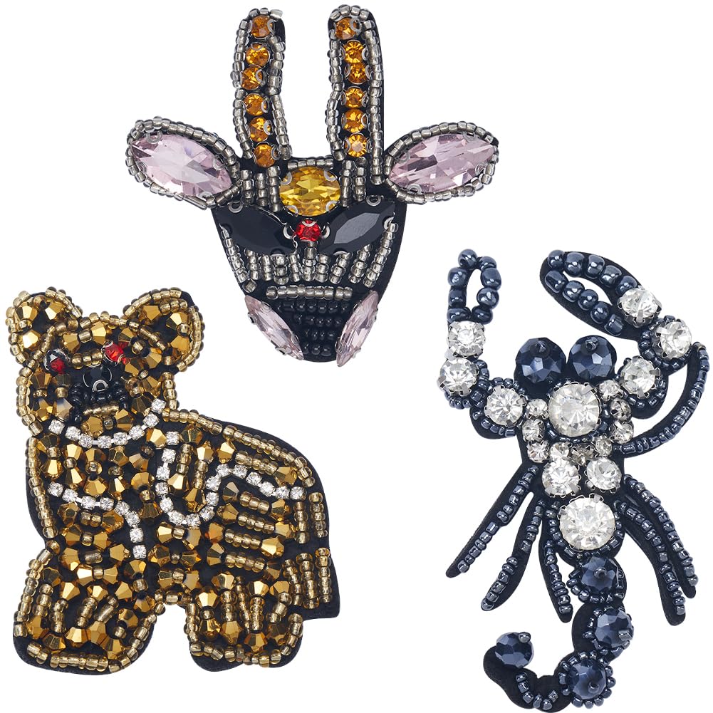 GORGECRAFT 3 Styles Rhinestone Beaded Applique Crystal Animal Scorpion Dog Cattle Decorative Sew on Embroidery Patches Appliques for DIY Craft Party Dress Costume Jeans Shoes Bag Hat Decor Repair