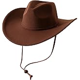 Lanzom Women Men Retro Felt Wide Brim Western Cowboy Cowgirl Hat Dress Up Hat with Wind Lanyard