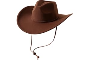 Lanzom Women Men Retro Felt Wide Brim Western Cowboy Cowgirl Hat Dress Up Hat with Wind Lanyard