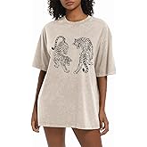 Weetiotio Tiger Graphic Tees Shirt for Women Oversized Streetwear Shirts Acid Wash Tshirt Tigers Print Cotton Summer Tops