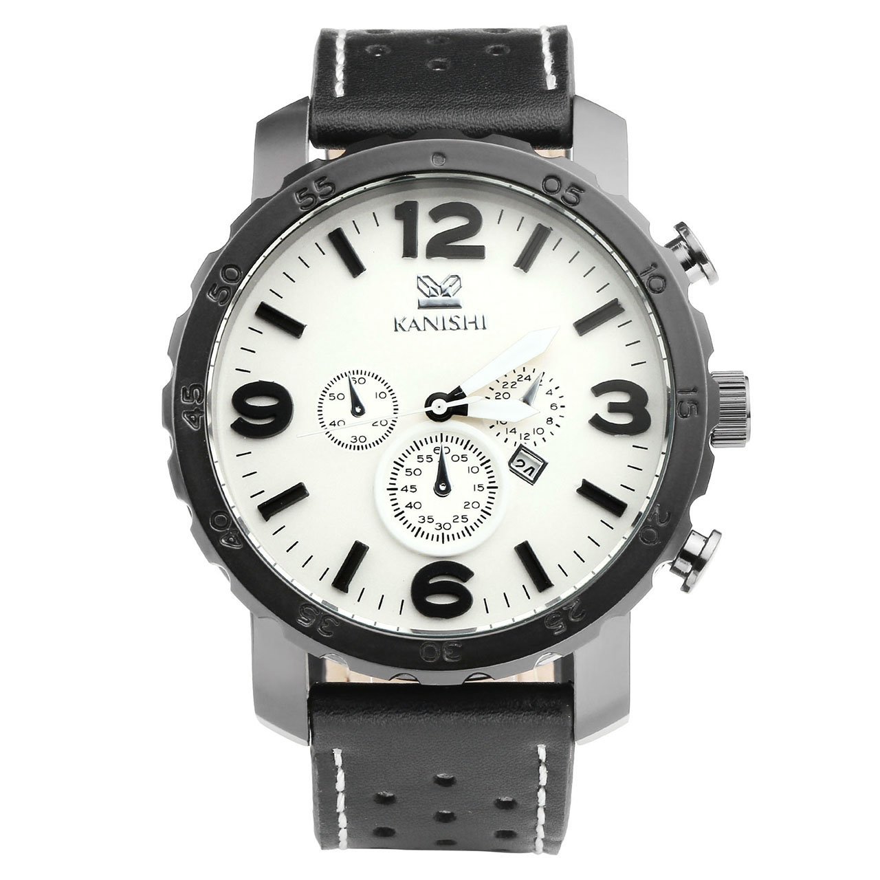 JSDDE Herren-Armbanduhr XL Uhren Herren Echtleder Band Kalenderuhr Traveler unecht Chronograph Analog Quarzuhr,Schwarz/Weiss