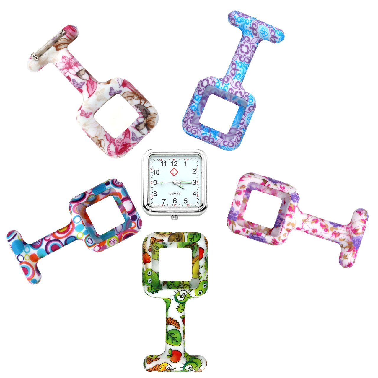 JSDDE Montre de Poche pr infirmières Mode Couleur Motifs en Caoutchouc de Silicone Fob Montres Rectangle + 5 Housses Gratuites