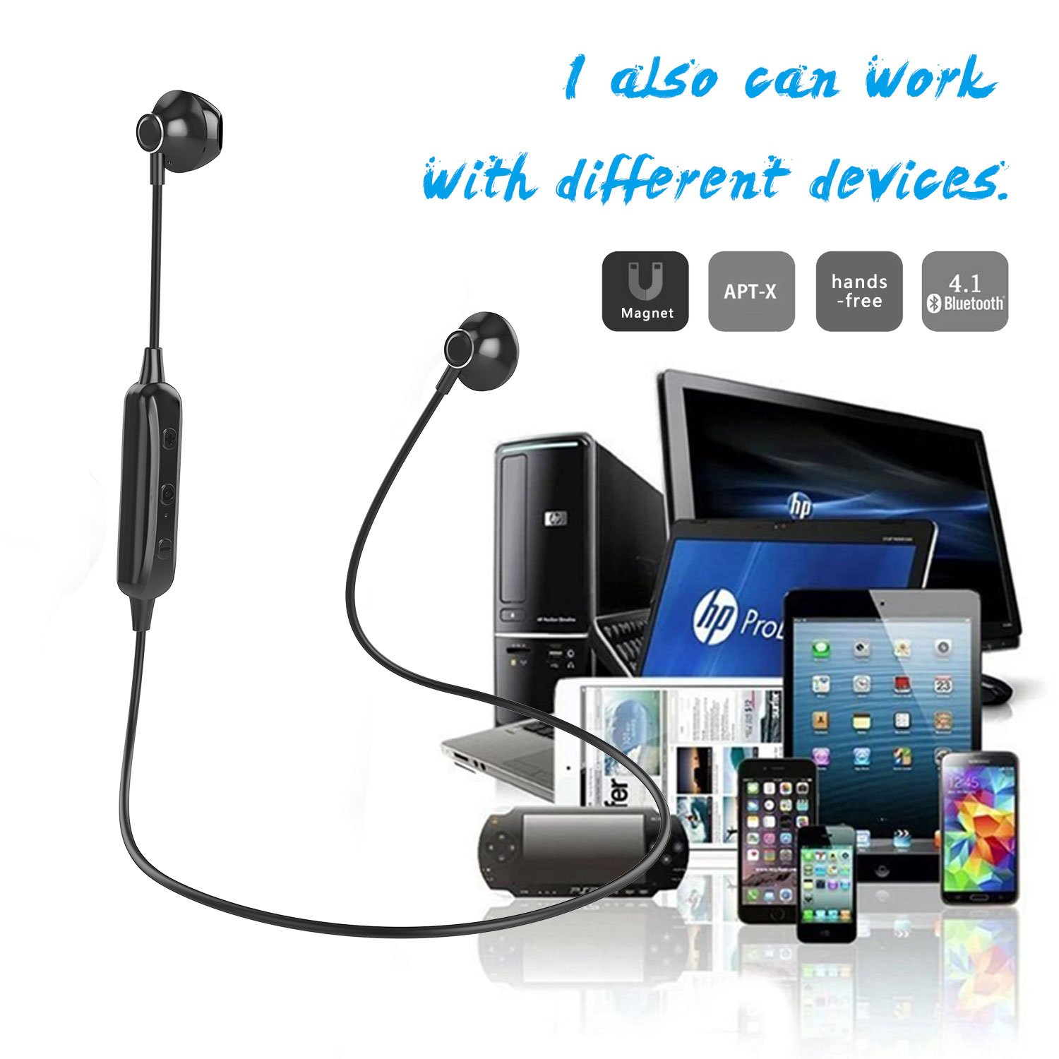 Ecouteur Bluetooth V4.1, Oreillette sans Fil Stéréo avec Microphone Casque Magnétique Anti Transpiration pour Running Jogging Yoga (Noir-W2)