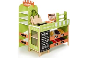labebe Pretend Grocery Store Playset for Kids,Wooden Supermarket Toy Set with Cash Register,Play Food Accessories Store Set Suit Gift for Toddler Boys Girls
