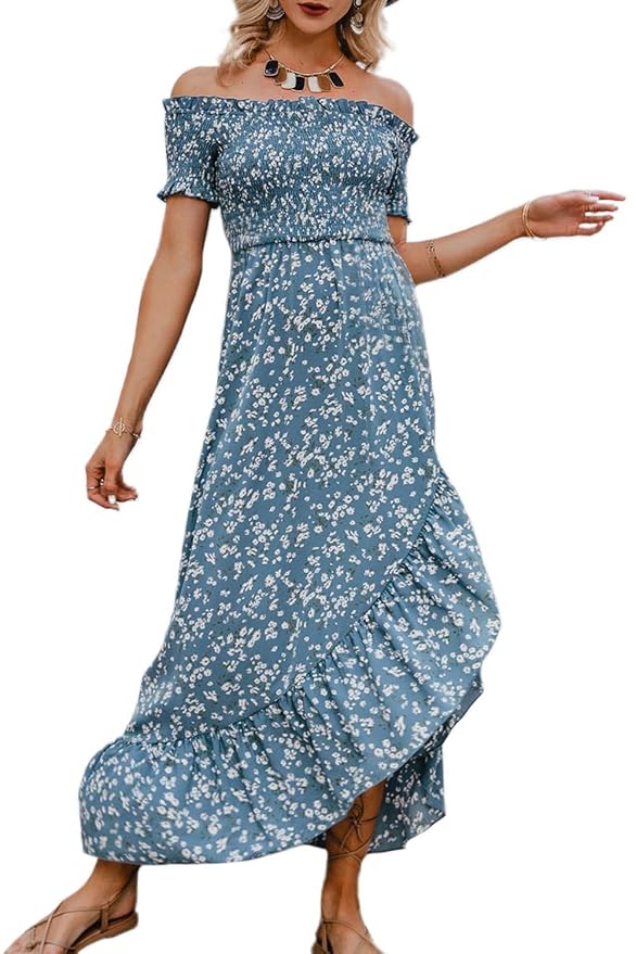 Buy Narspeer Women's Casual Ruffle Dress Split Summer Off The Shoulder