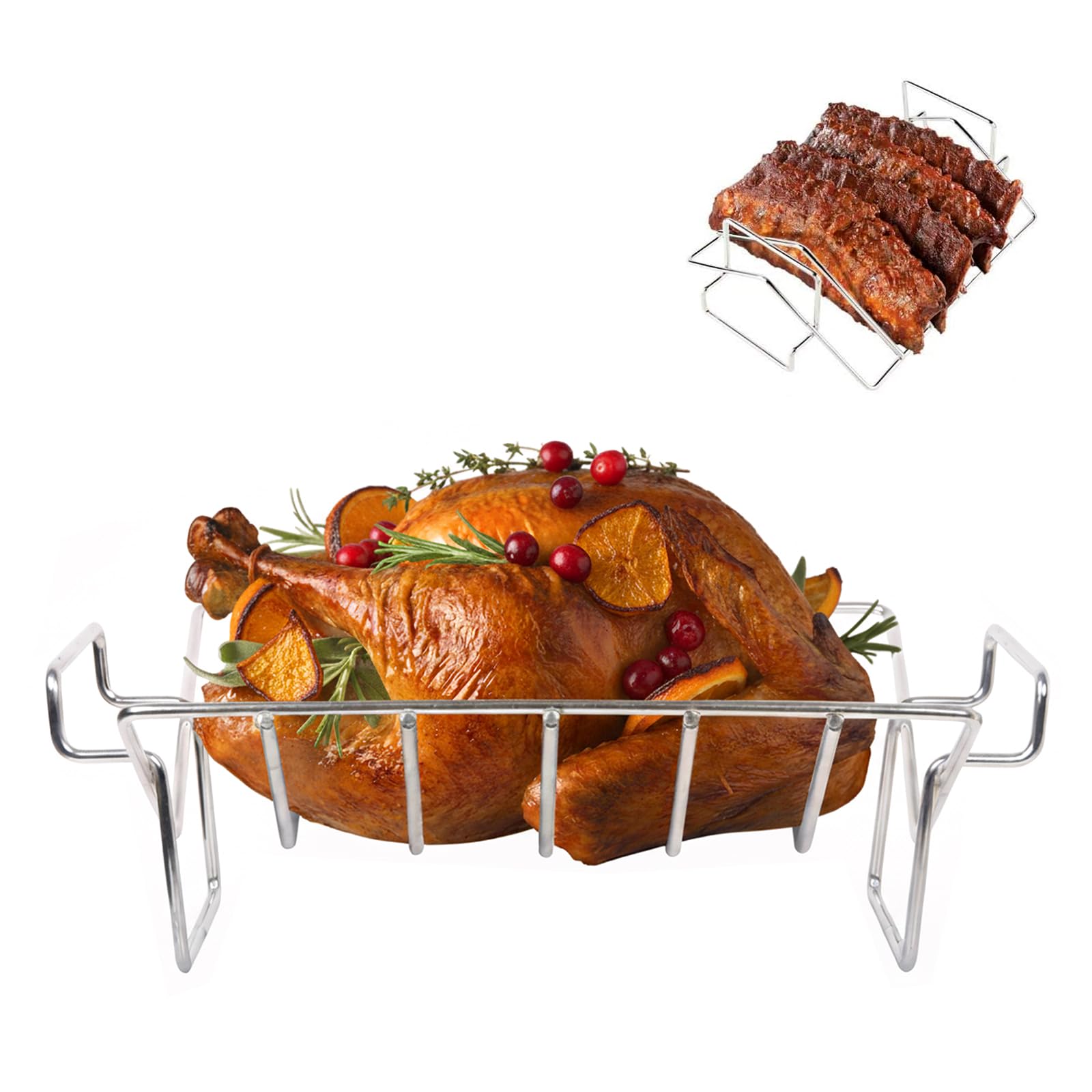KAMaster Turkey Rack for Big Green egg Rib Rack Stainless Steel for Smoking and Grilling Dual Purpose V Shaped Turkey Roasting Rack for Large Big Green Egg,Kamado Joe,Primo,Vision and other 18in Grill