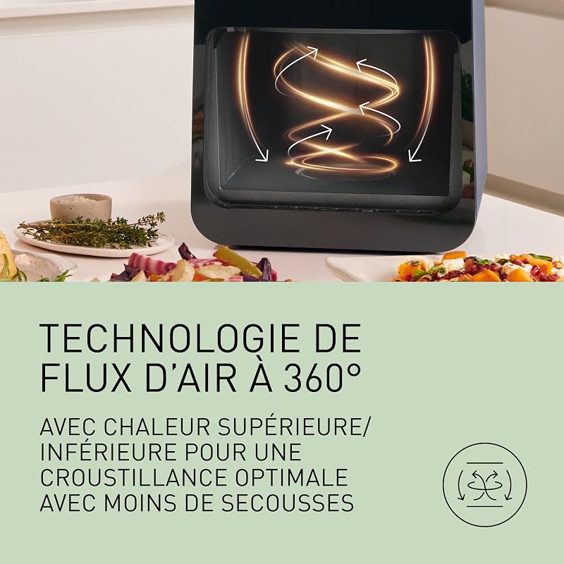 NF-CC600AXE AirFryer Friteuse sans huile avec Hublot, 5L, 80-200°C, Minuterie Numérique et Écran LCD, Vapeur Douce, 11 Préréglages, Nettoyage Facile, Noir/Bleu Foncé et Poignée Or Rose