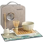 MAKOUYU Matcha whisk Set, 8 Pcs Matcha Set with Holder/Scoop/Sifter/Leather Storage Box, 14 OZ,Perfect Matcha Kit for Tea Ceremony,Japanese Tea Making Tools (Beige)