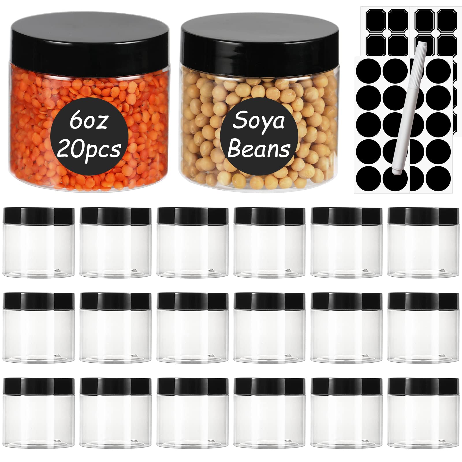 Yishik 6 oz Clear Plastic Jars with Lids,20 Pack Round Cosmetic Jars Slime Containers,180ml Empty Refillable Plastic Storage Jars for Spices,Cream,Beauty Products,Lotion,Crafts