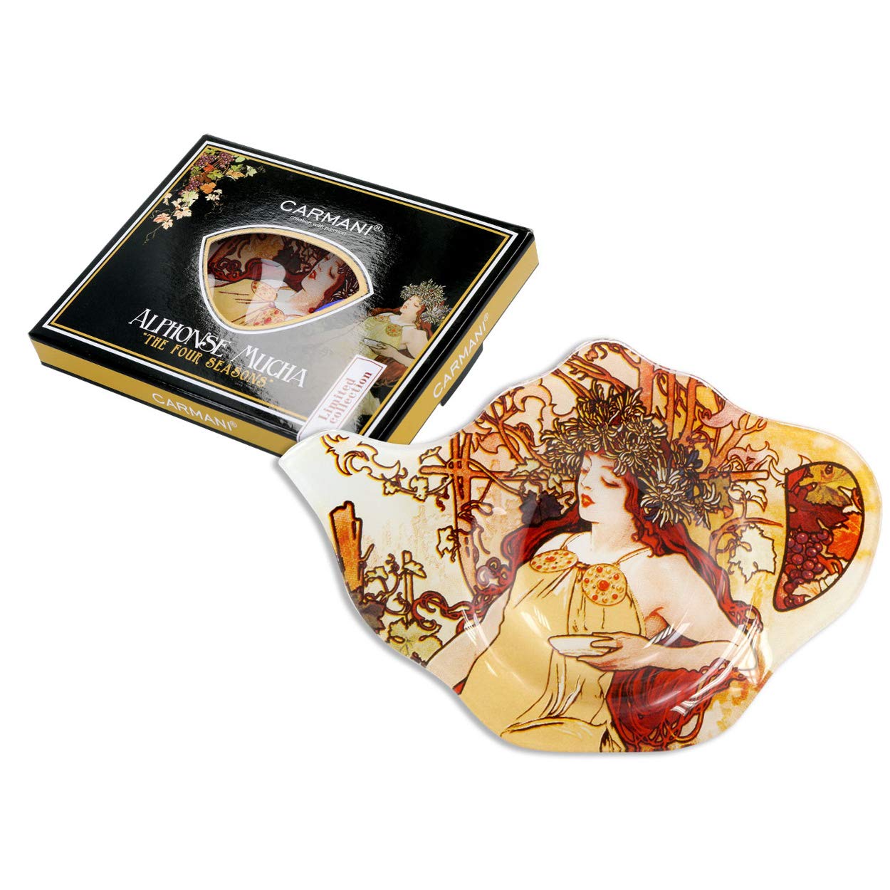 CARMANI - Elegant Glass Tea Bag Holder Dish in Teapot Shape with 'Four Season Autumn' by Alphonse Mucha