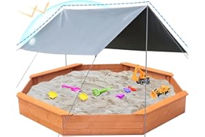 Luyitton Large Outdoor Octagon Sandbox 84.5"x 77"x 9.02" Wooden Kids Sand Pit with Canopy Tarp Easy Assembly Gift for Ages 2-