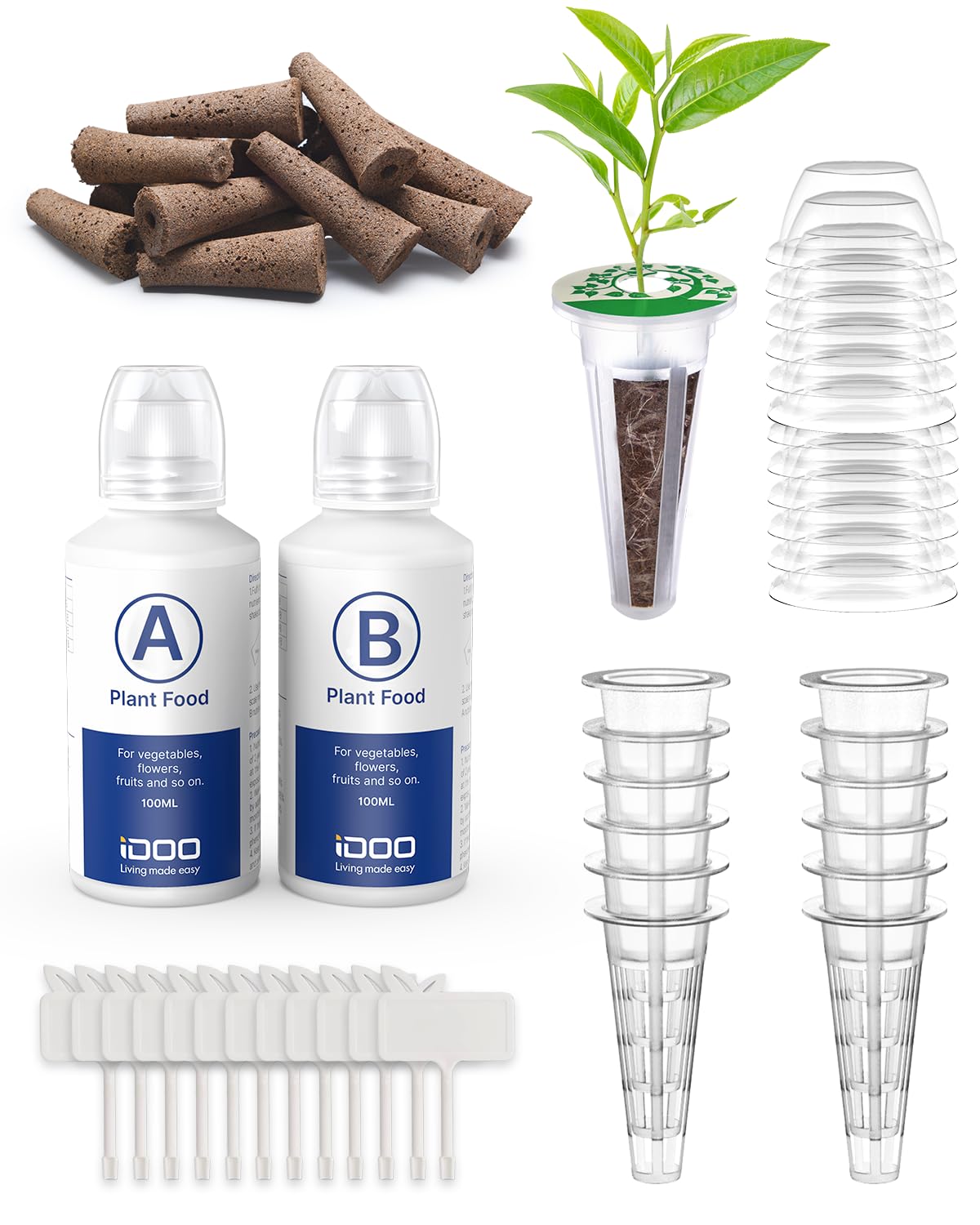 iDOO Replacement Accessories, Hydroponics Growing System, Hydroponics, Hydroponic Plant Food, 12 pcs Growth Sponges, 12 pcs Basket Kit, 12 pcs label card, 12 Domes and A&B Solid Nutrient