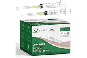 YEMAR HOME 10 CC Syringe with Needle, 10ml Syringe with Needle, (100Pack) 10ml 20 Gauge 1.5inch with Cap for Lab, Transfer of Liquids