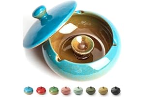 SMOKYJOY Ashtray with Lid for Outside Patio, Windproof Ash tray, Ceramic Smokeless Ashtray for Outdoor Home Office Tabletop Patio Outdoor Balcony, Blue