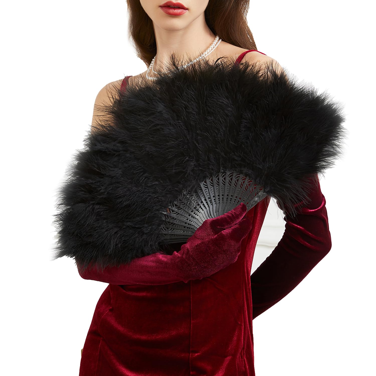 Photo 1 of Huralona 1920s Vintage Style Folding Handheld Flapper Feather Hand Fan (Black)