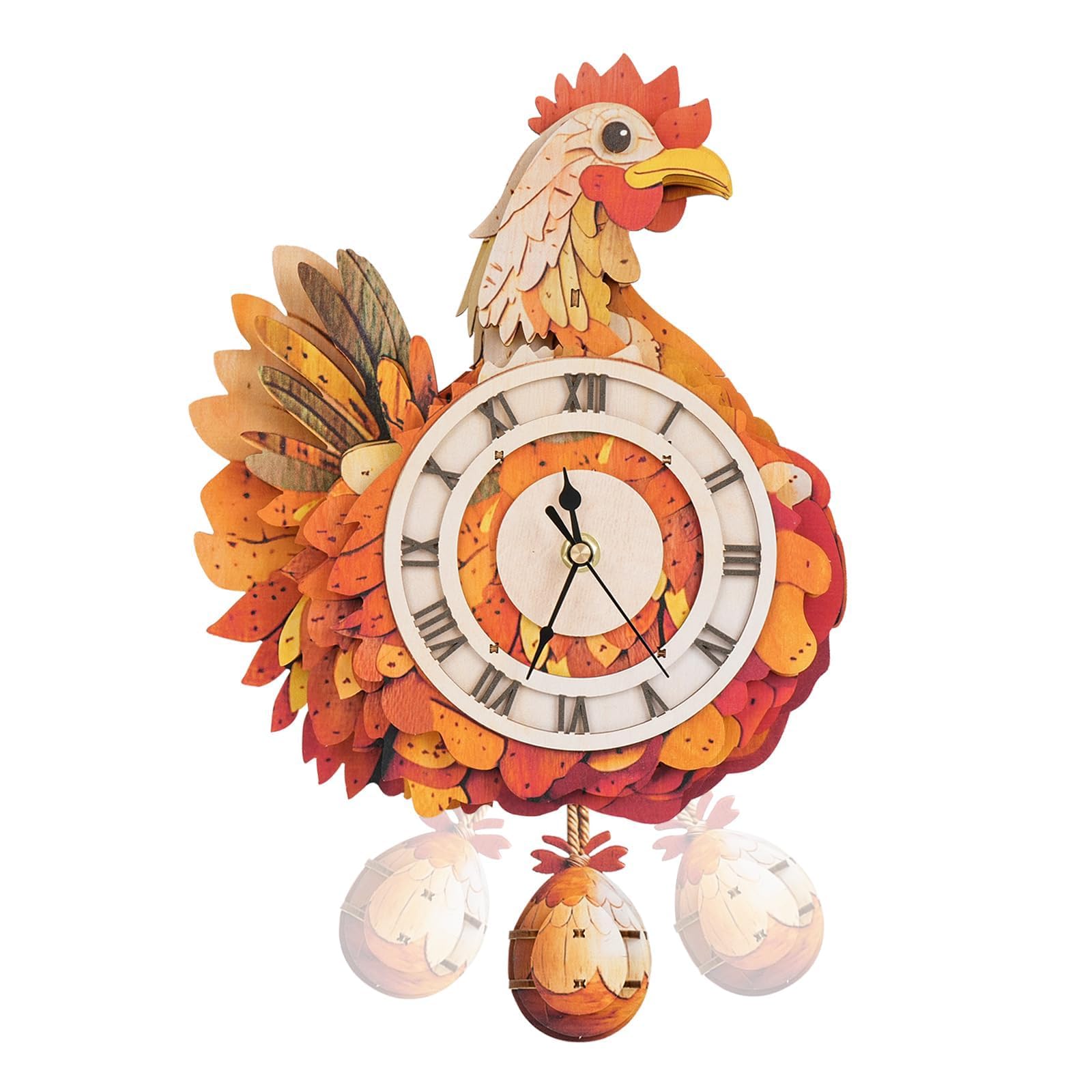 Lilcubics 3D Wooden Model Kits for Adults to Build, Retro Hen Wall Clock with Swinging, Mechanical Clock Kits Gifts for Adults, Vintage Home Decor