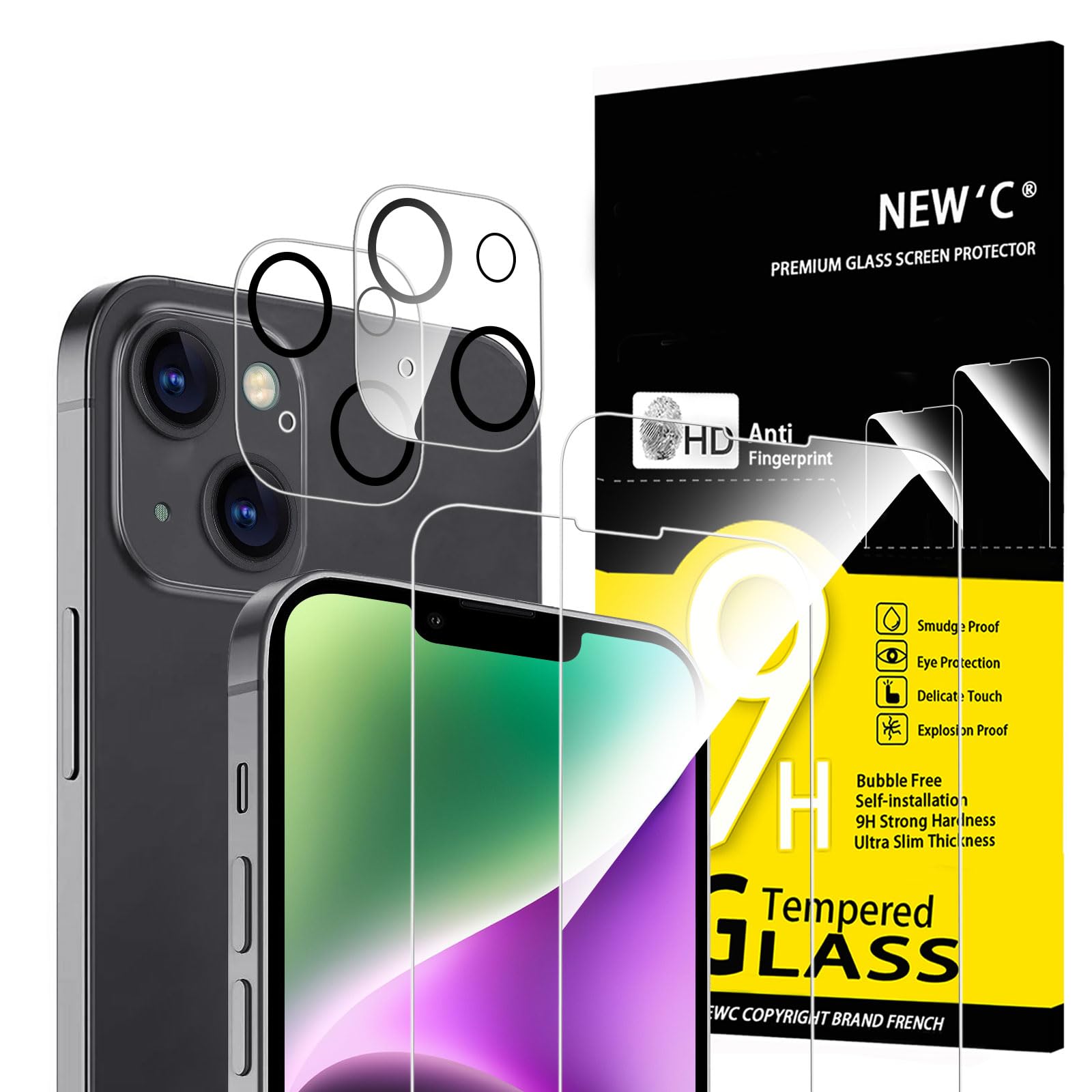 NEW'C 4 Pack, 2 Pack for iPhone 14 Screen Protector (6.1 inch) + 2 Pack Camera Lens Protector, Sensor Protection,Case Friendly Tempered Glass Film — image 1