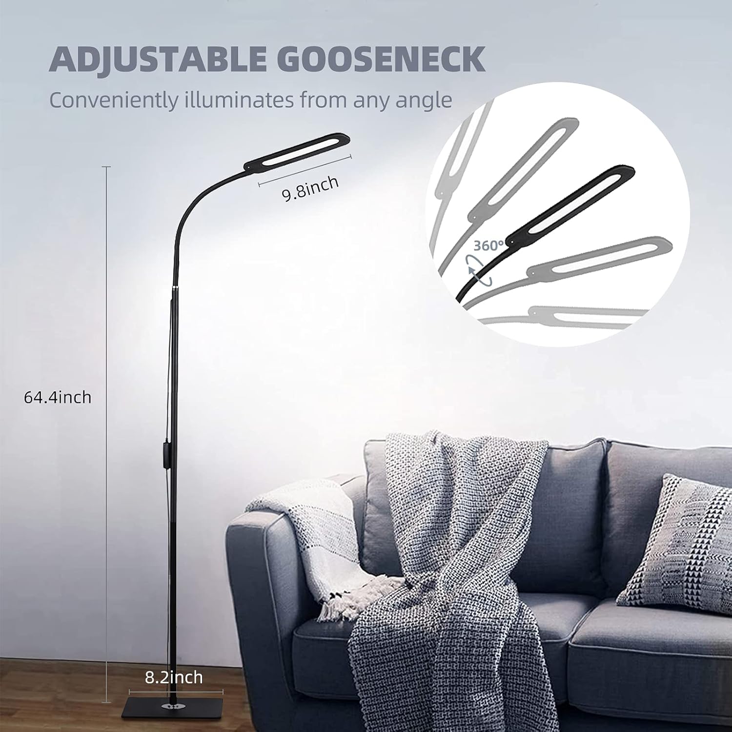 ALongDeng LED Floor Lamp with Adjustable Gooseneck, Height Adjustable Modern Standing Lamp, 10 Brightness Levels & 3 Color Temperatures, 14W Dimmable Reading Lamps for Bedroom Office Living Room Piano: Home Improvement
