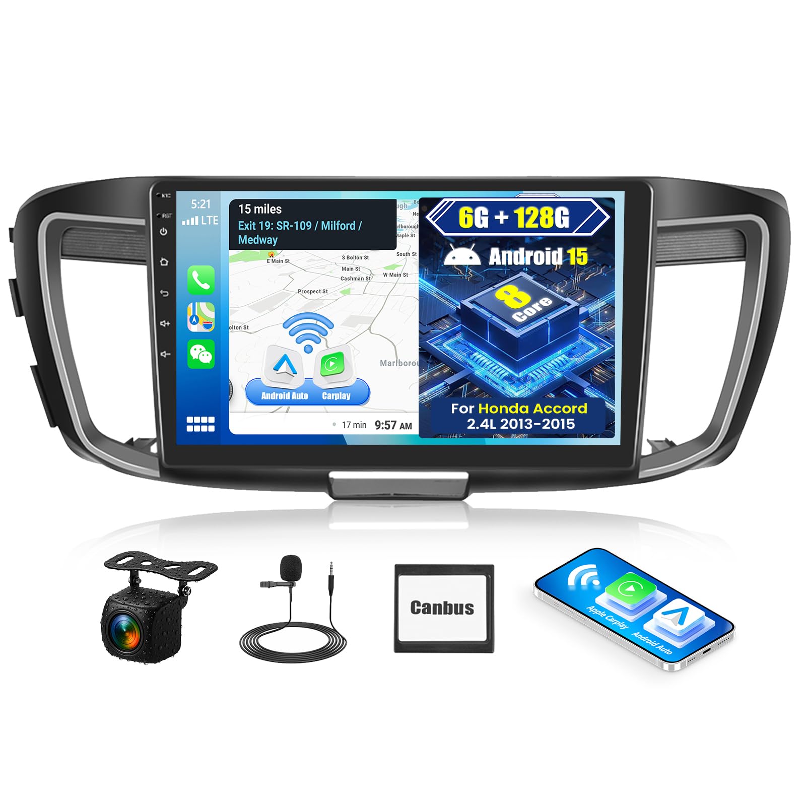 View 1 of [8 Core 6G+128G] Car Stereo for Honda Accord 9th 2.4L 2013-2015 with Wireless CarPlay Android Auto,10.1" Touchscreen Android 15 Car Radio with Mirror Link WiFi/GPS,Bluetooth,FM/RDS DSP+Backup Camera