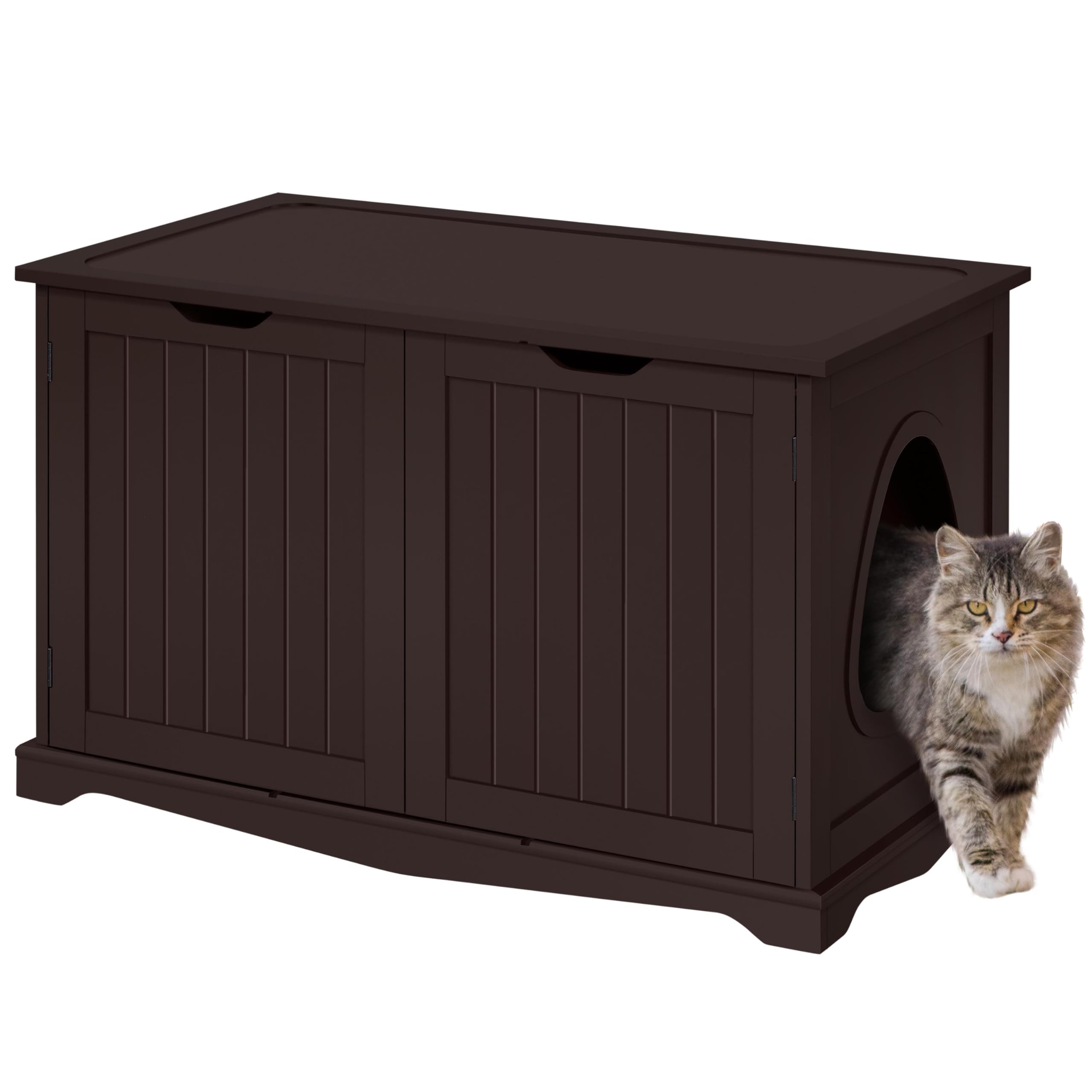 Yaheetech Cat Litter Box Enclosure, Litter Cabinet Furniture Hidden, Wooden Pet Crate Kitty Washroom Storage Bench with Divider Home Loo Indoor Cat House Espresso Image