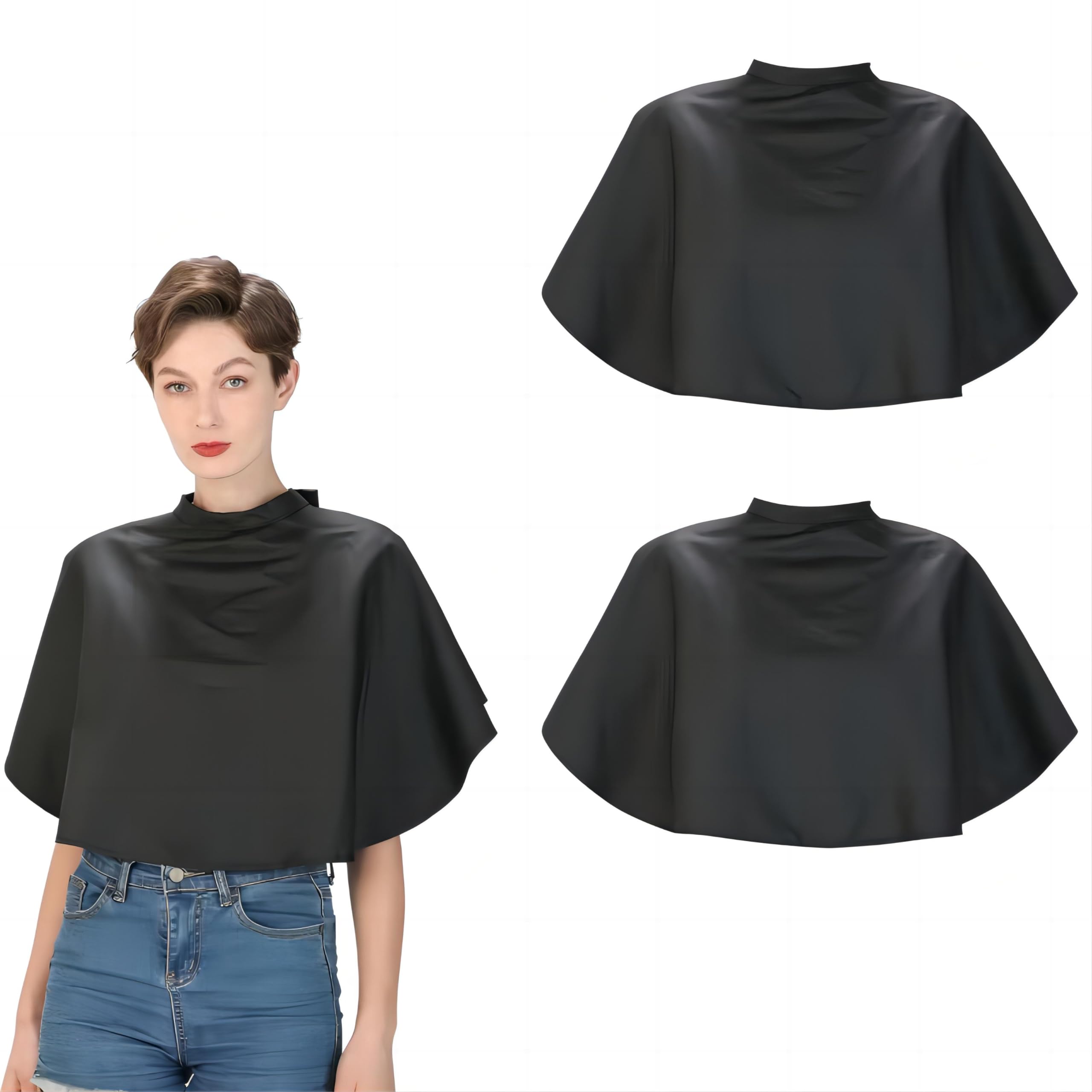 2 Short Barber Capes, Waterproof Professional Hair Cutting and Dyeing Bib, Lightweight Nylon Haircut Shawl With Adjustable Velcro, Black Makeup Salon Cape for Women Men Kids