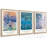 Cyebmo Vintage Botanical Wall Art Set of 3, Claude Monet Water Lilies Art Prints, Impression Sunrise Water Lilies Seine River Poster Prints for Living Room Bedroom Bathroom Wood Framed 16