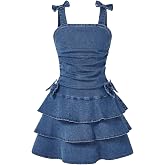 WDIRARA Girl's Layered Ruffle Denim Dress Bow Ruched Sleeveless A Line Jean Dresses