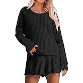 ANRABESS Women's 2 Piece Lounge Pajama Sets Casual Ribbed Long Sleeve Top Matching Shorts Sleepwear PJ Set 2025 Fall Outfits