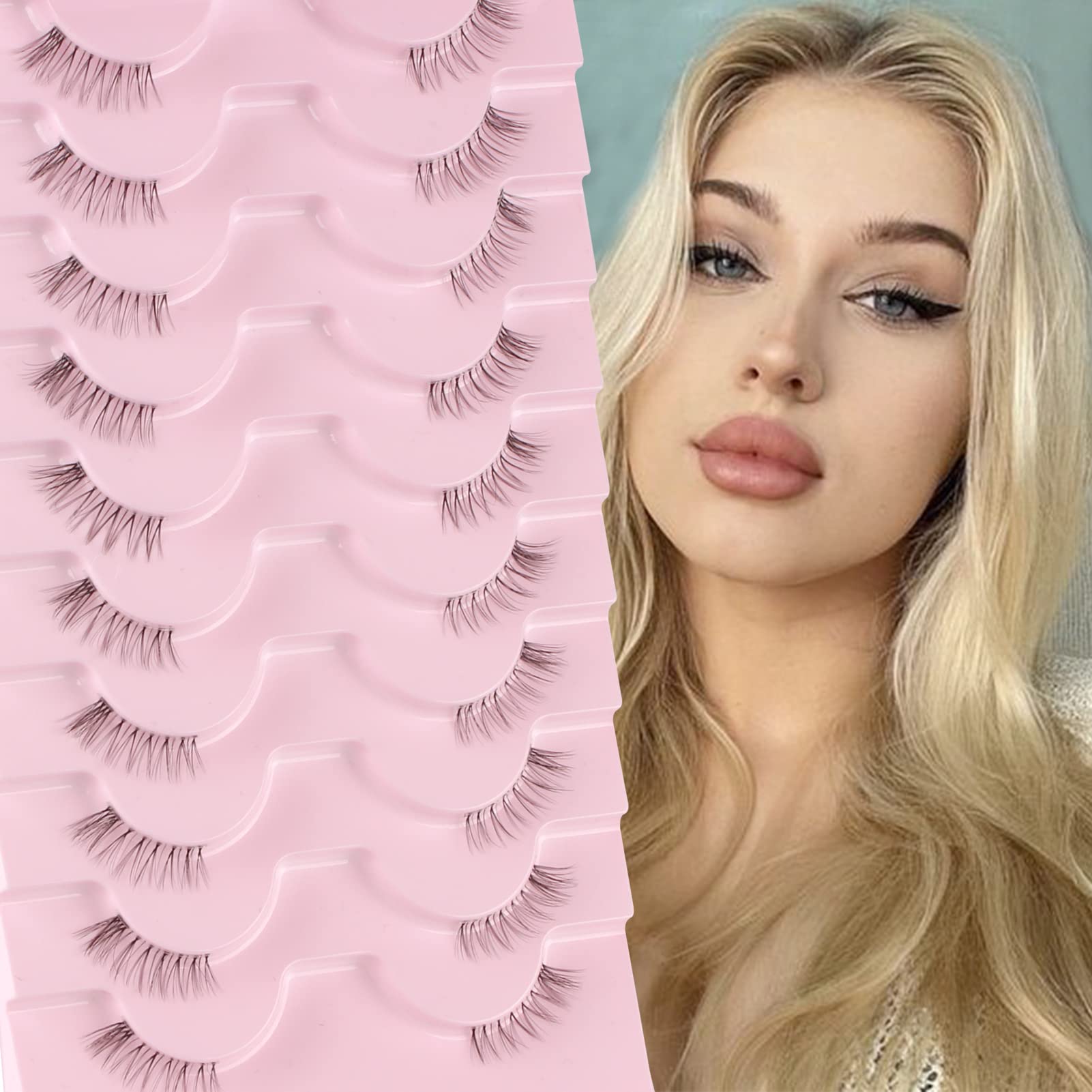 Glowing Win Half Lashes with Clear Band Short Wispy Cat Eye Natural False Eyelashes 10 Pairs Corner 3/4 Transparent Fake Handmade Soft Reusable Strip Fluffy Mink, Black, 20g