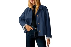 Womens Cropped Trench Coat Plaid Lining Single Breasted Crop Jackets Oversized Lightweight Jackets Outerwear with Pockets