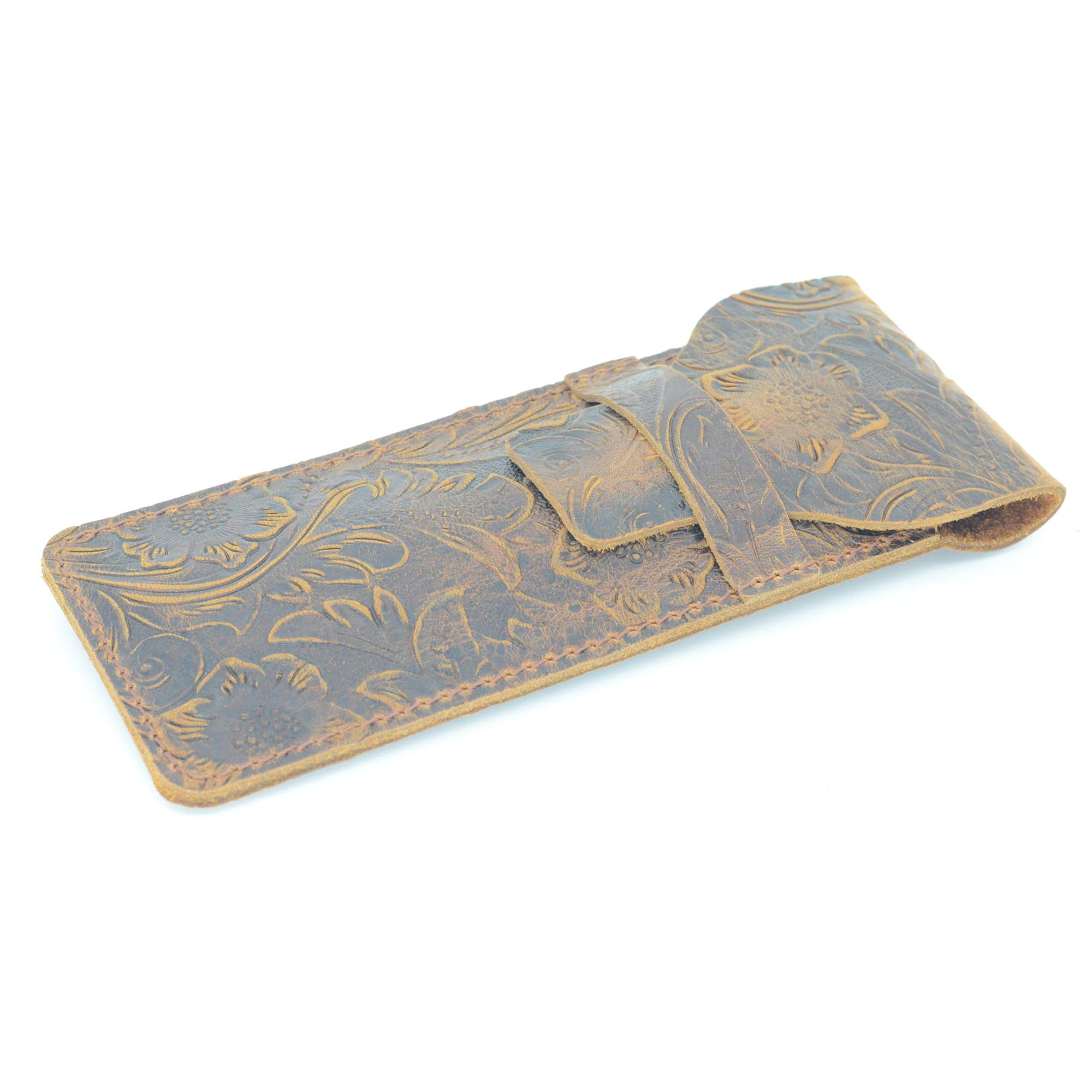 JJNUSA Handmade Genuine Leather Pen Case Holder Tall Notebooks Pencil Cover Pen Pouch Pen Holster Flower Brown