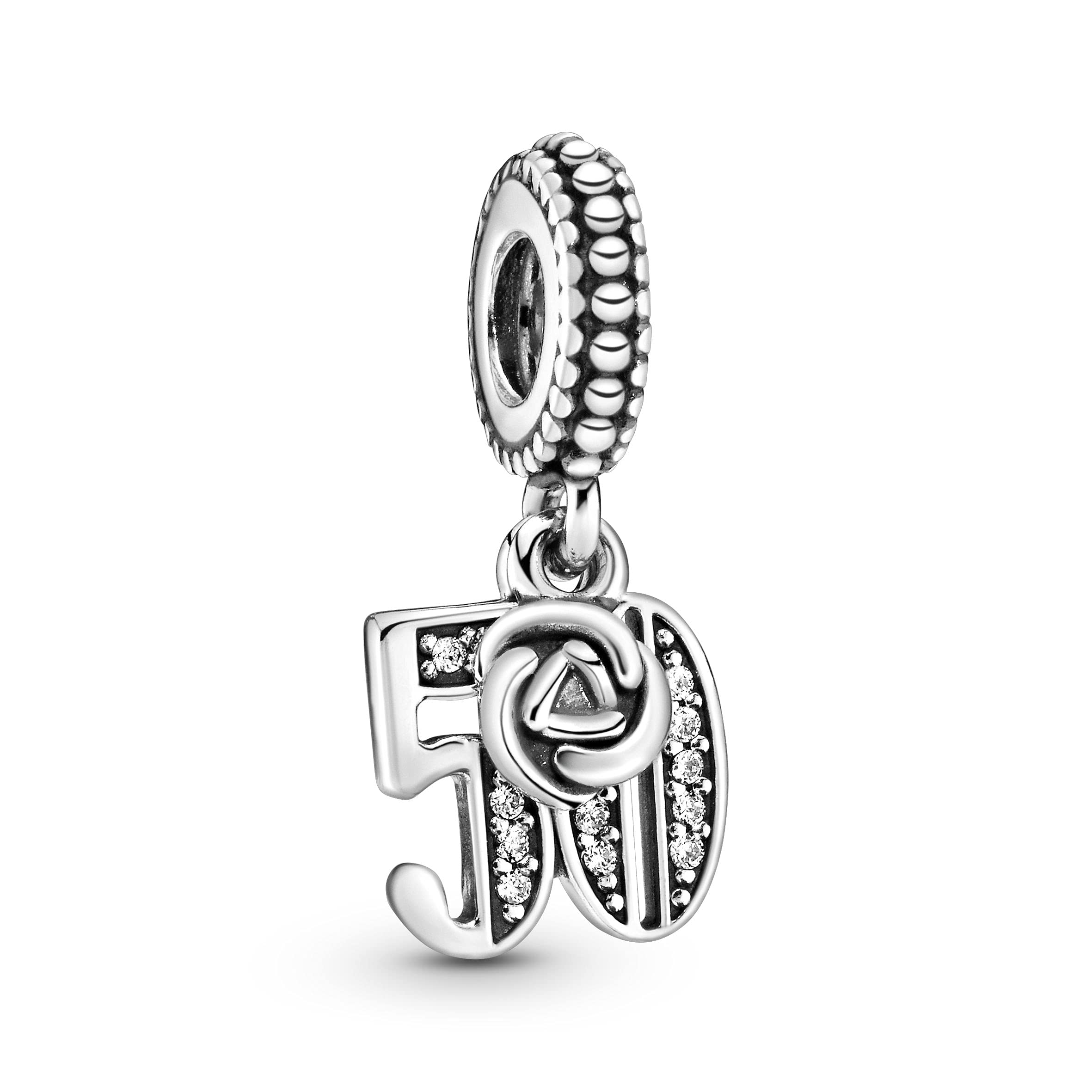PANDORA Moments Women's Sterling Silver 50 Years of Love Cubic Zirconia Dangle Charm for Bracelet, No Box