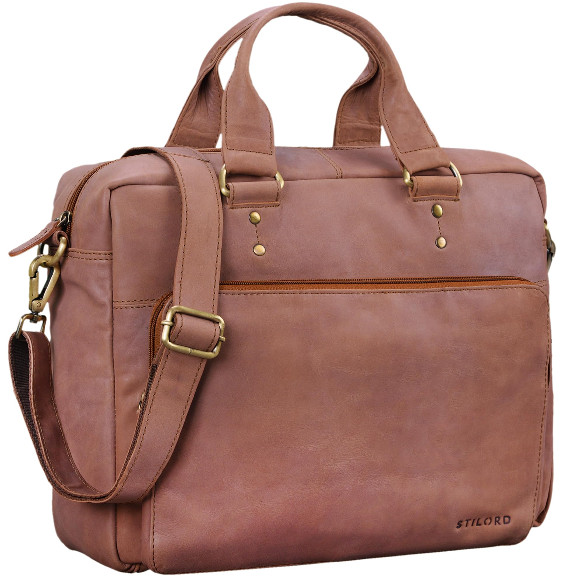 STILORD "Jack" Vintage Leather Briefcase Bag for Men Busine ss Bag for 13,3 Inch Laptop Large A4 Folders Leather Shoulder Bag for Office Work Meeting Colour:Light Cognac Brown