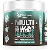 Herbtonics Creatine Monohydrate + Multi Collagen Protein Powder, 10g Per Serving | Grass-Fed Hydrolyzed Collagen Peptides (Type 1, 2, 3, 5, 10) for Lean Muscle Growth, Recovery and Energy | Unflavored
