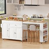 Rymeera Expandable Kitchen Island with Storage Drawer and Wheels, White | Rubberwood top expands 48.4"-82.6". Spacious drawer, 2 cabinets, 2 shelves, spice rack &amp; towel bar. Lockable casters.
