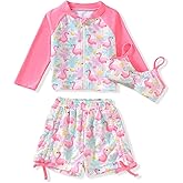 HINTINA Infant Toddler Girl Swimsuit 3 Pieces Zip Rash Guard Set Long Sleeve Bathing Suits Swimming Shorts Swimwear