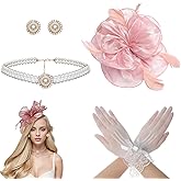 Heliltd 4Pcs Tea Party Fascinator Hat for Women Flower Fascinators for Women Feather Hat Lace Glove Pearl Jewelry Set
