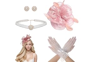 Heliltd 4Pcs Tea Party Fascinator Hat for Women Flower Fascinators for Women Feather Hat Lace Glove Pearl Jewelry Set