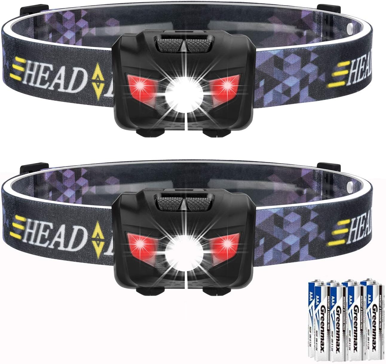 Akale Headlamp, Led headlight 165 Lumens White & Red Light, 3 x AAA Batteries Operated, Waterproof Head Light for Running, Perfect for Runners, Lightweight, Waterproof, Adjustable Headband 2 PACK