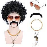 Bettecos 6pcs Set 70s 80s Disco wig with Mustache Glasses Artificial Wolf Necklace Gold Chain Short Curly Synthetic Hair Afro Mens Wig for 60s Rocker Hippies Costume Cosplay Halloween Party (Black)